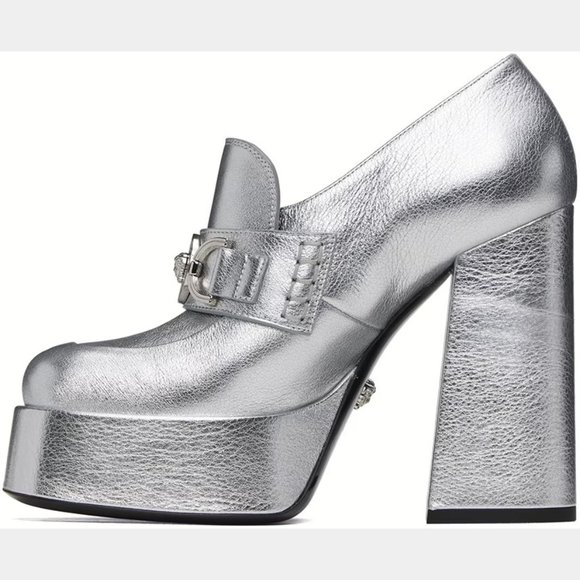 NEW VERSACE Size 38 IT, Women's Metallic Medusa Chain Platform Loafers - Silver - Picture 2 of 5